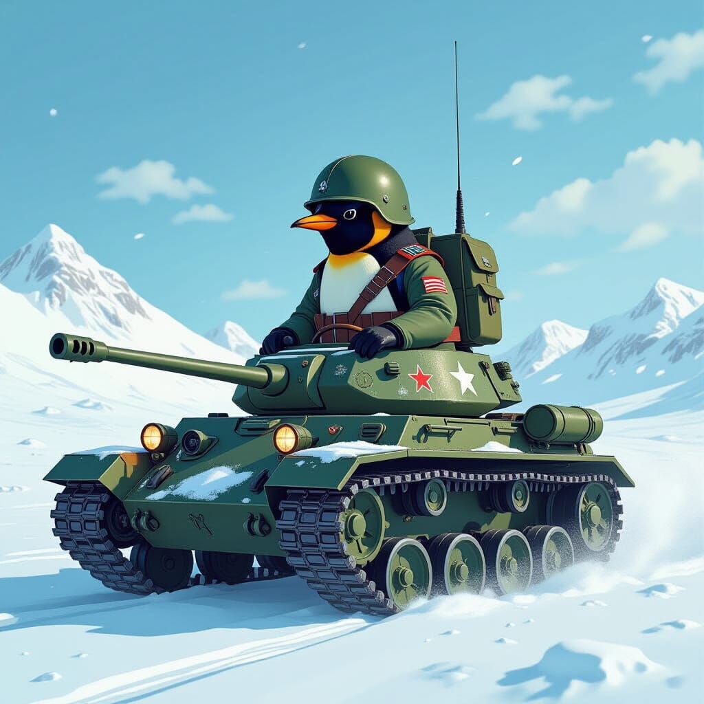Penguin Tank Commander in Dystopian Landscape
