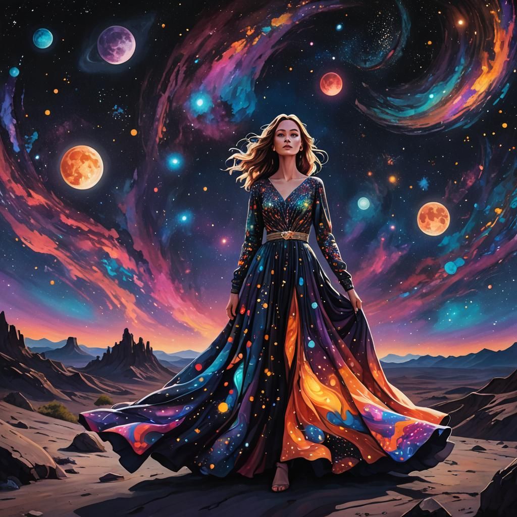 Girl in Cosmic Gown on Moon, Psychedelic Digital Painting