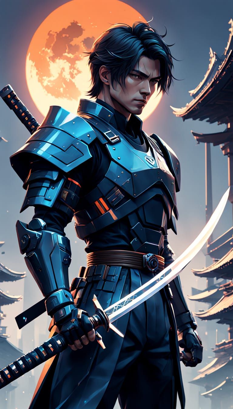 Young Samurai in Soviet-Style Futuristic Armor at Dawn