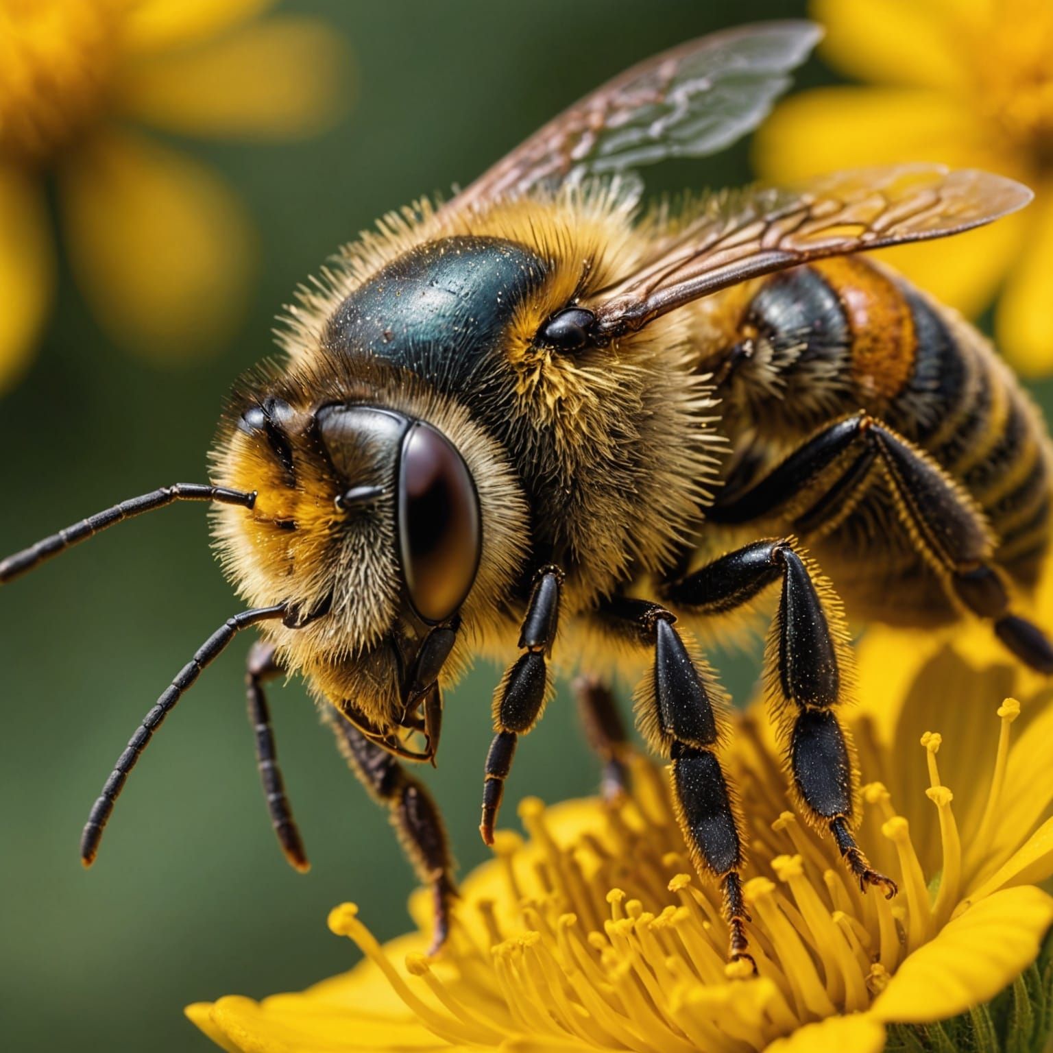 Macro Bee on Flower: Ultra-Realistic Detailed Photo