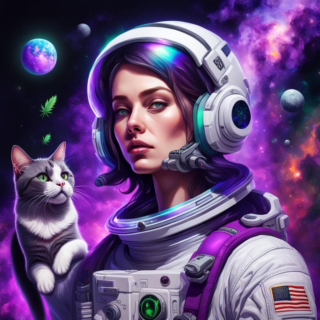 Cosmic Stoner Girl with Cat: Hyperrealistic Splash Art