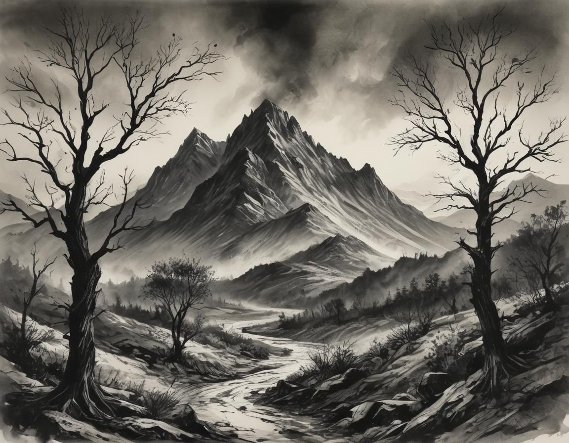 Misty Valley Landscape in Expressive Charcoal and Ink