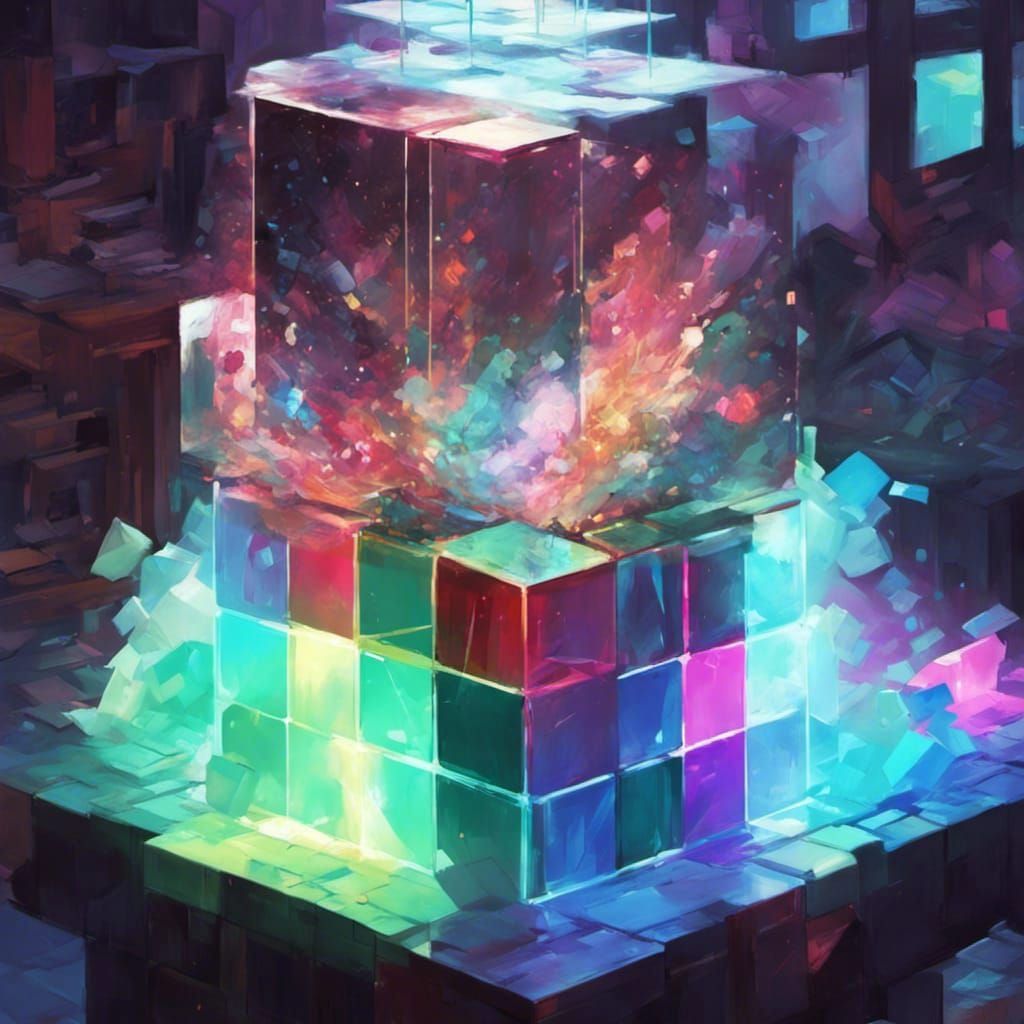 Glowing Rainbow Cube in Dungeon, Digital Art