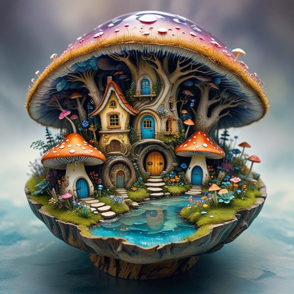 Mushroom Village: Vectoral Magic in Watercolor Style