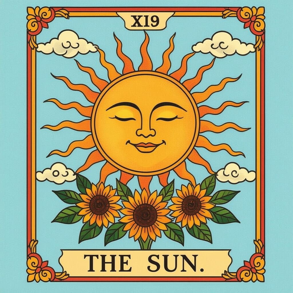 The Sun Tarot Card with Geometric Rays in Traditional Tattoo...