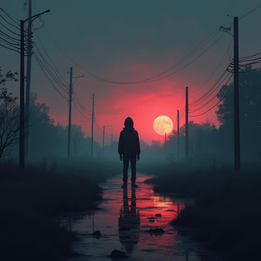 Person in Dimly Lit Futuristic Noir Landscape