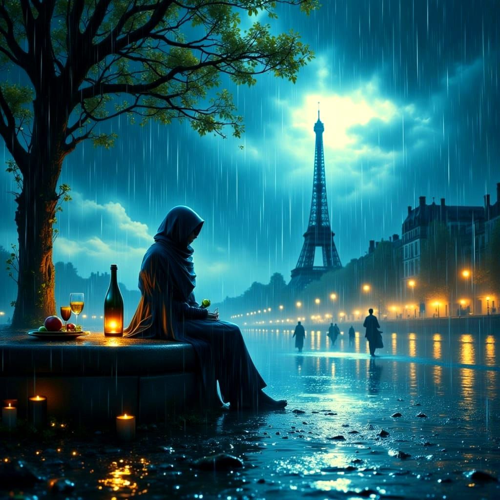 Rainy Night in Paris by the Seine