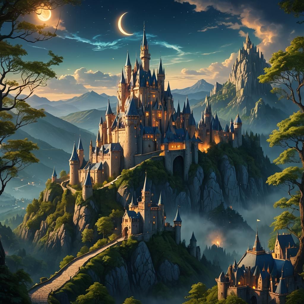 Fantasy Castle on Hill in Golden Light