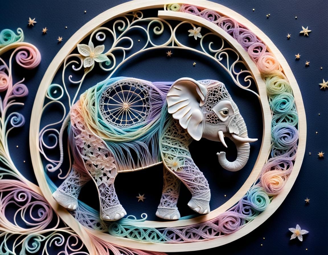 Pastel String Art: Baby Elephant in Crescent Moon