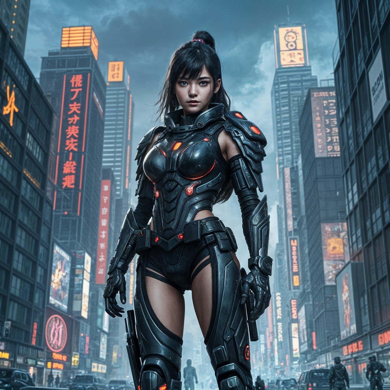 Cyberpunk Warrior in Futuristic Japanese Armor