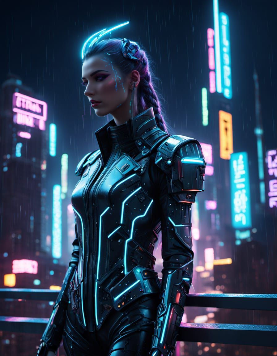 Cyberpunk Empress Overlooking Neon City