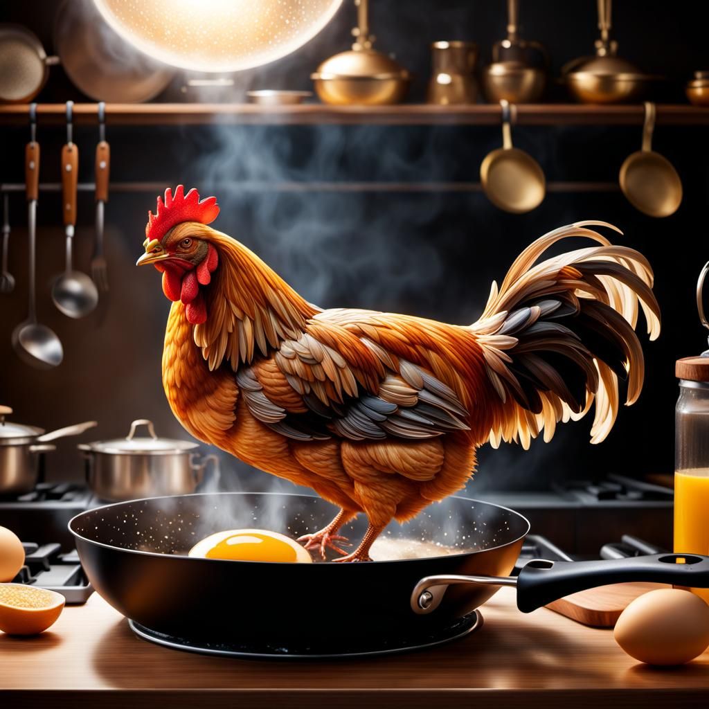 Hyperrealistic Chicken Contemplates a Frying Egg
