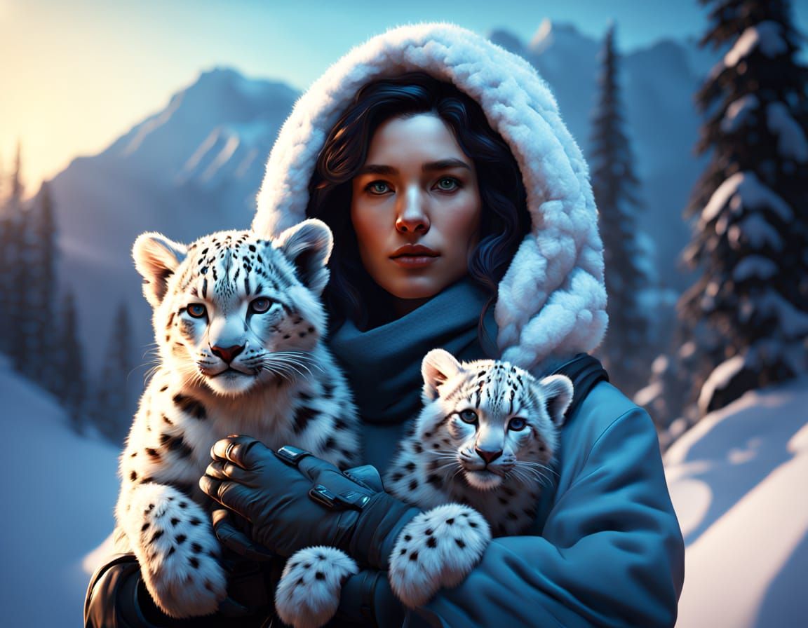 Woman with Snow Leopard Cub in Snowy Landscape