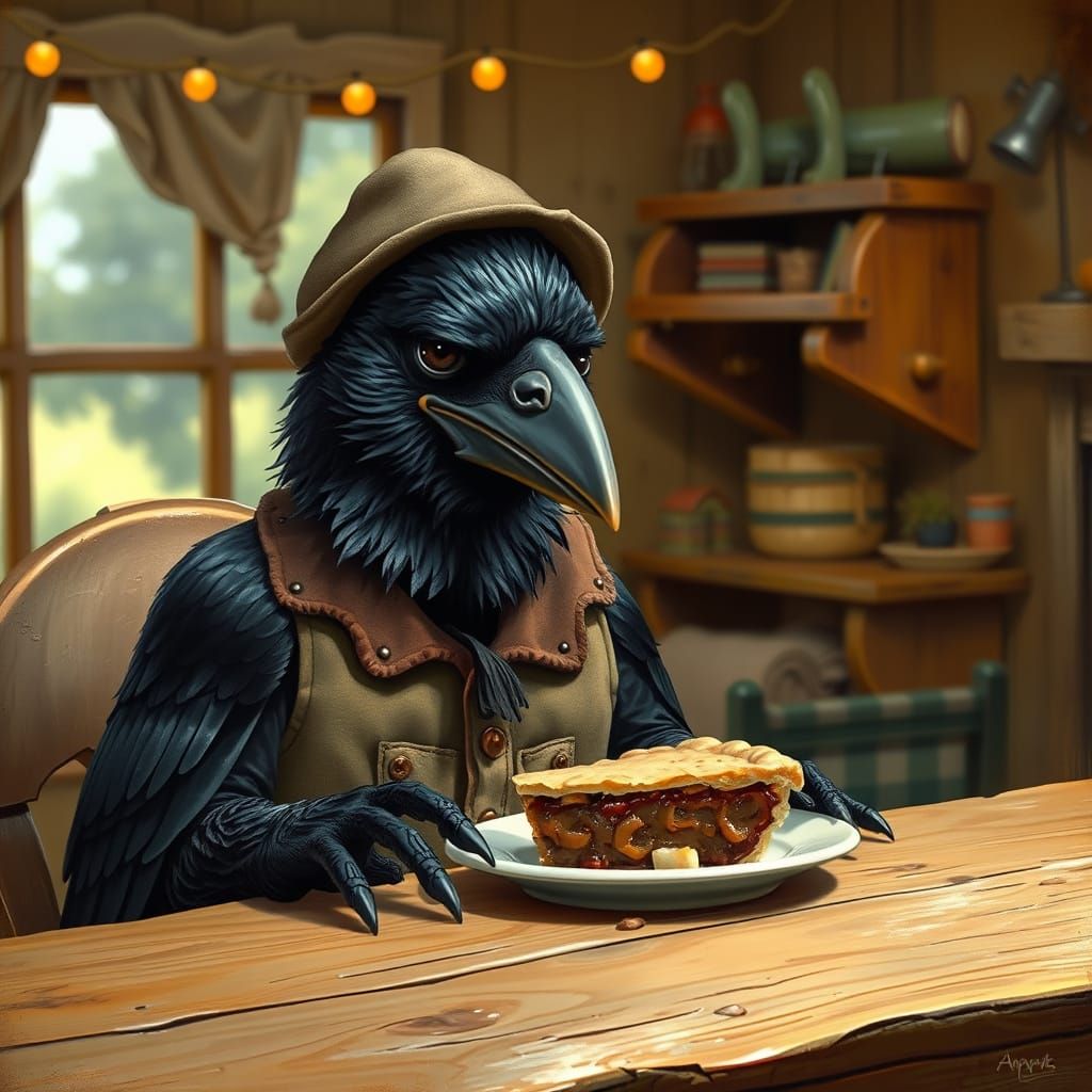 Crow Reluctantly Eats Humble Pie in Rockwell Style