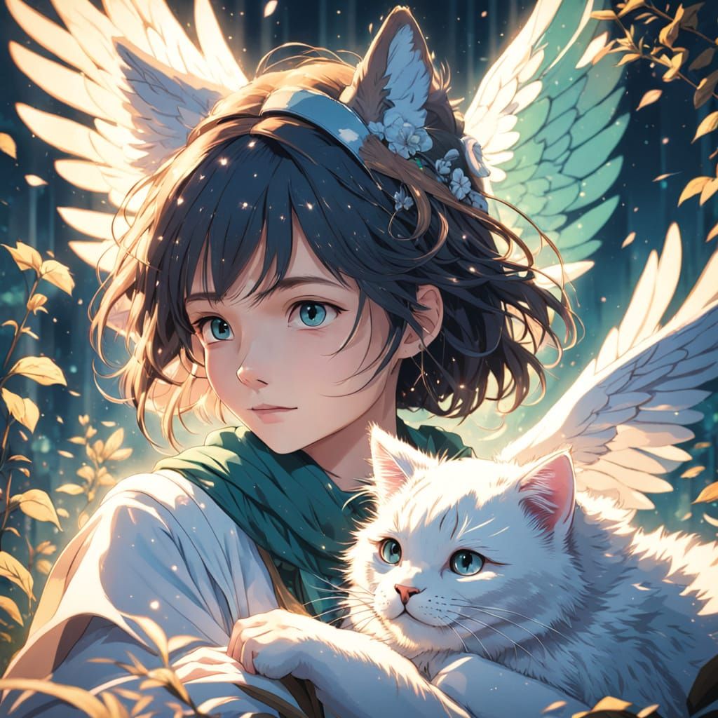 Angelic Woman with Cat in Vibrant Anime Style
