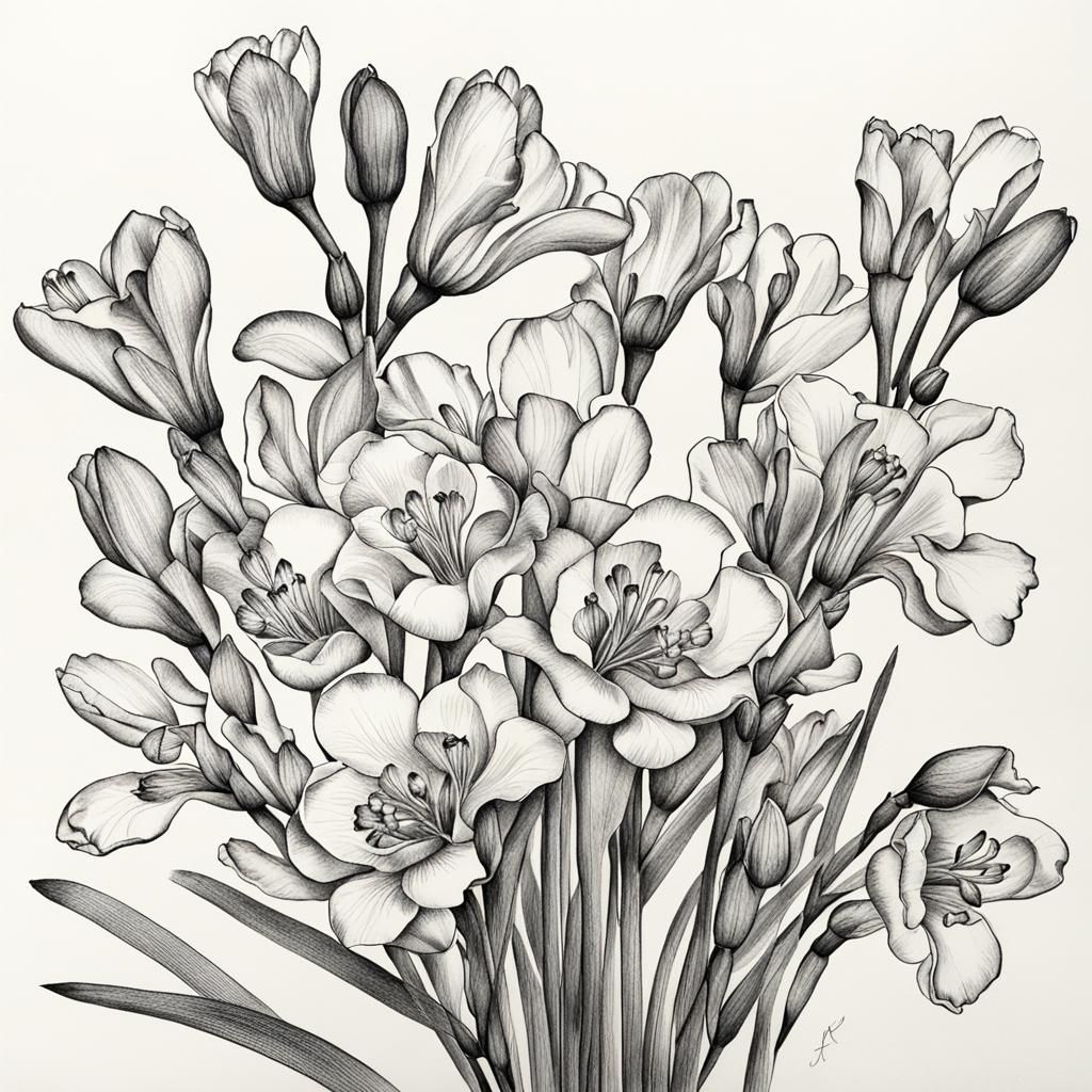 Freesia Bouquet: Graceful Ink Drawing