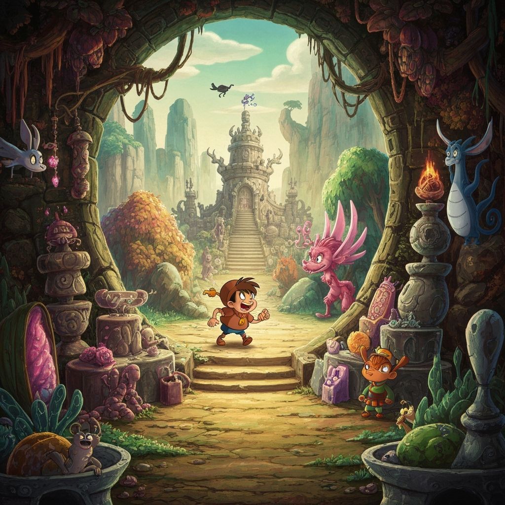 Whimsical Cartoon Scene in Fantastical Realm