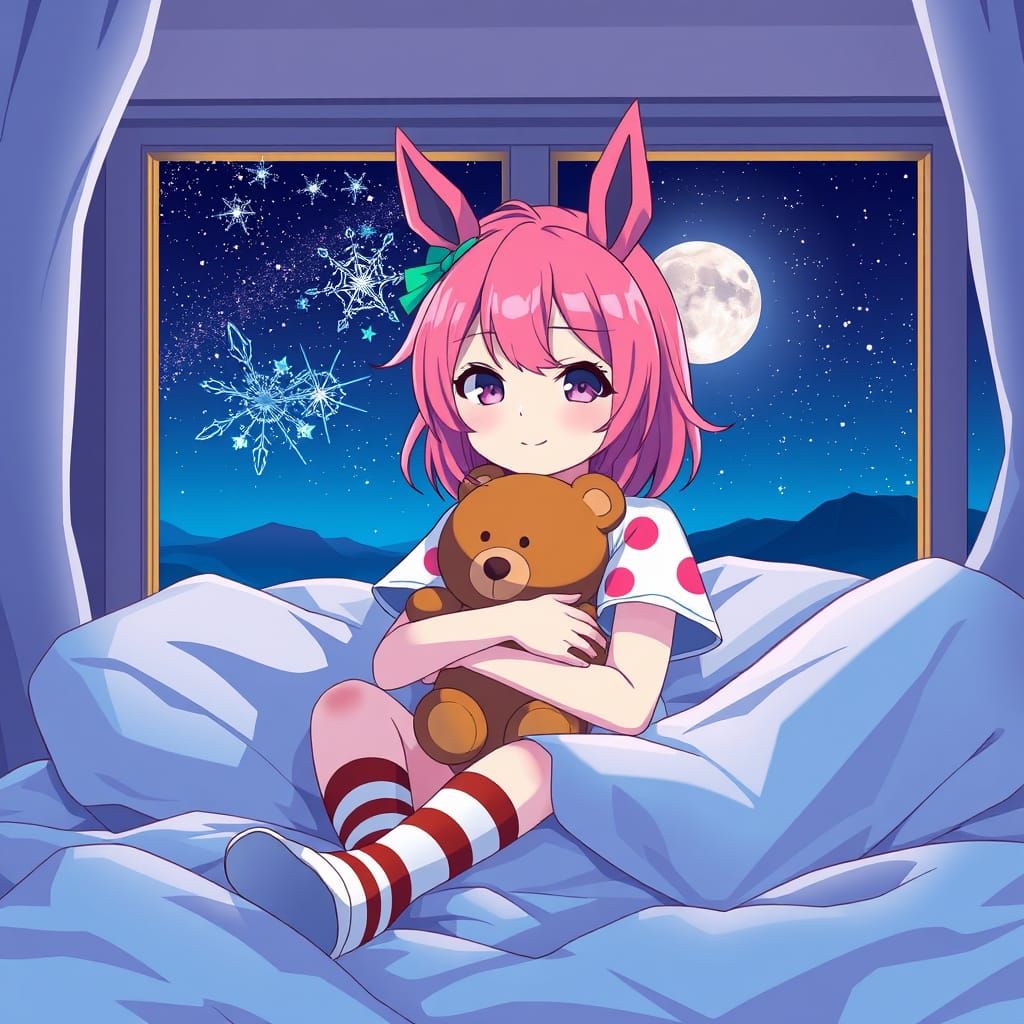 Vibrant Anime Girl Hugs Teddy Bear Under Starry Night Sky