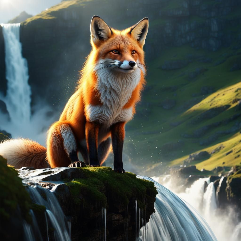 Fox on Waterfall: 3D Animation in Dramatic Lighting