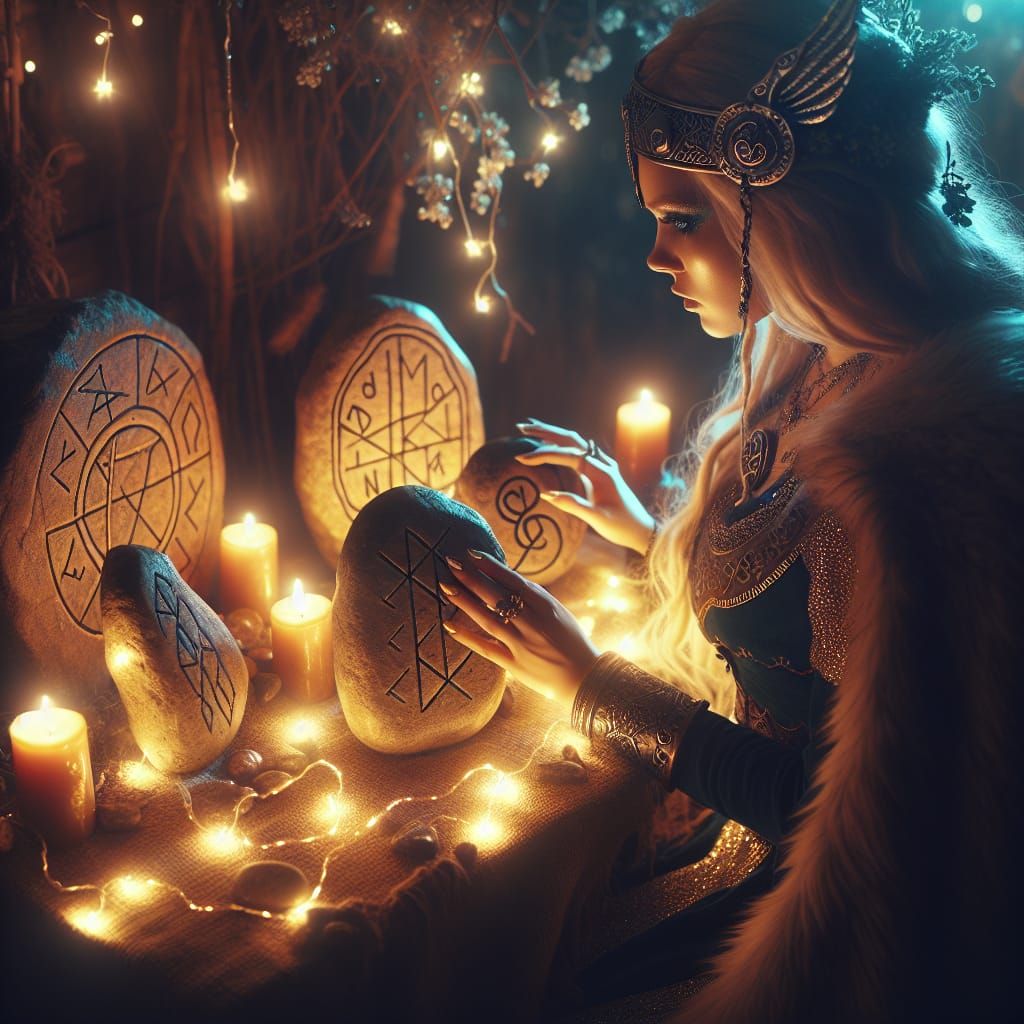 Viking Seeress Contemplates Glowing Rune Stones