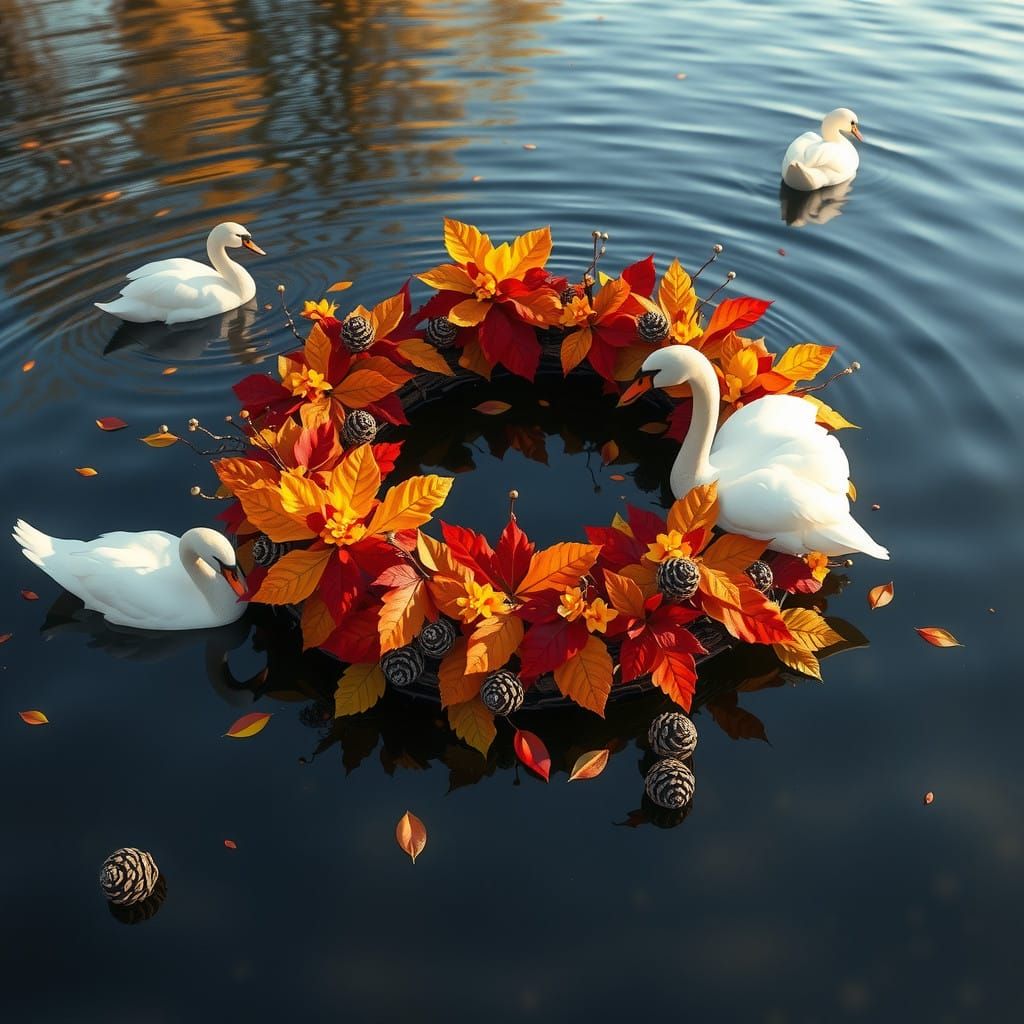 Surreal Autumn Wreath Floating on a Serene Lake in Impressio...