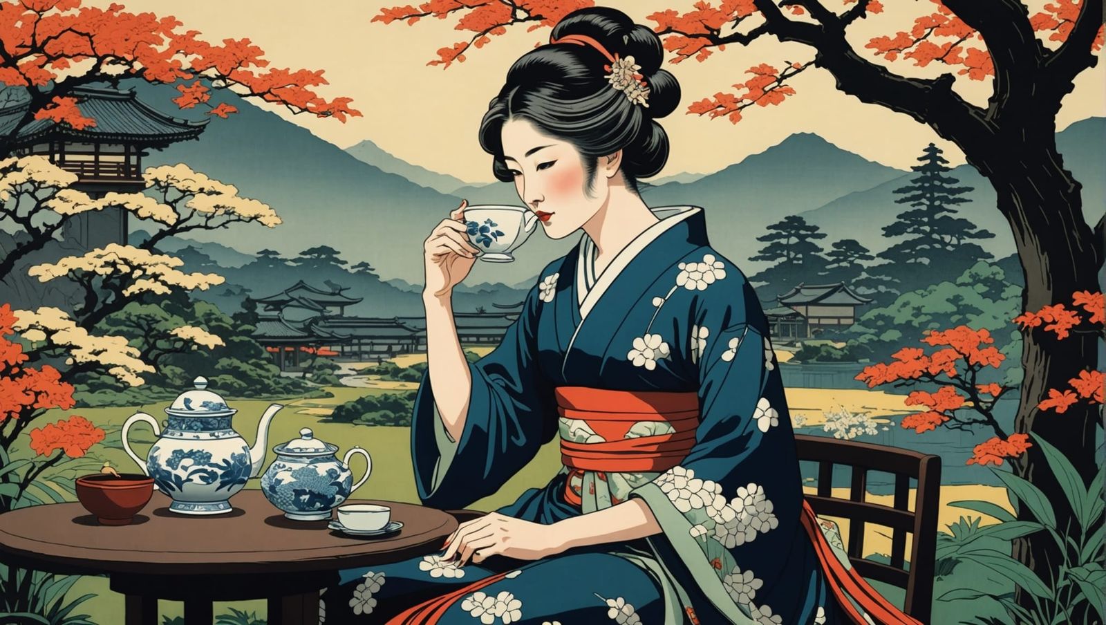 Ukiyo-e Art: Lady Drinking Tea in Garden