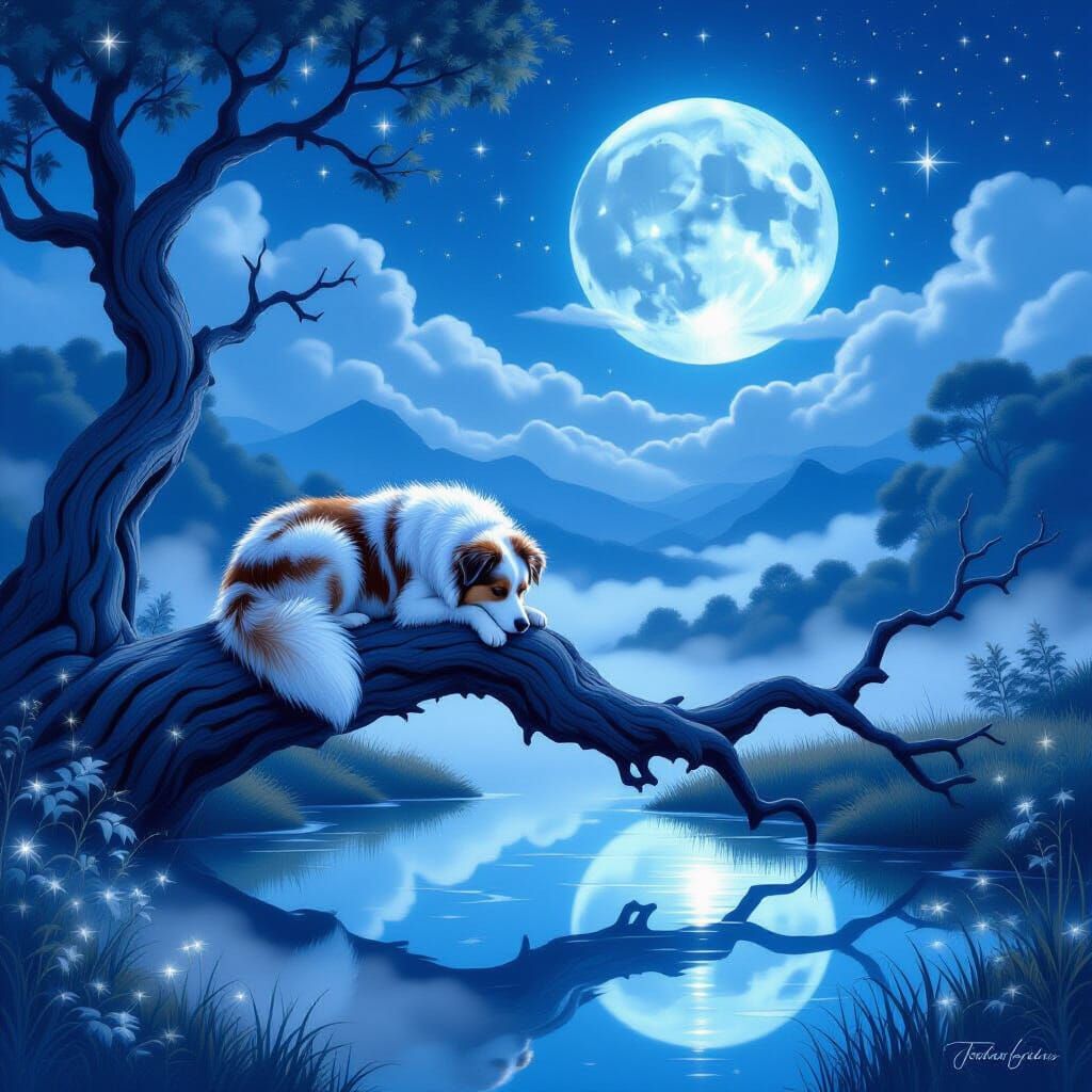 Australian Shepherd in Enchanted Moonlit Landscape