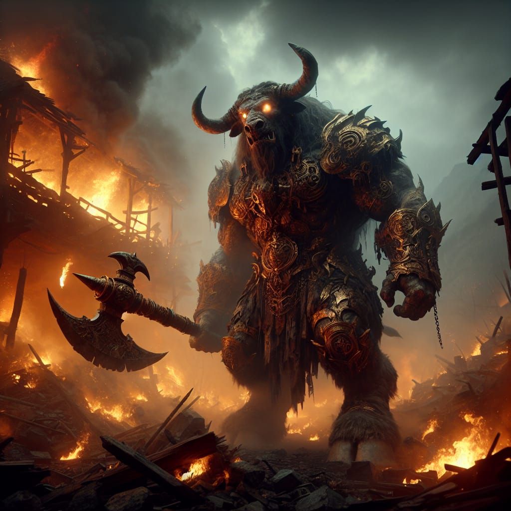 Brass Minotaur in Fiery Ruins: Dark Fantasy Scene
