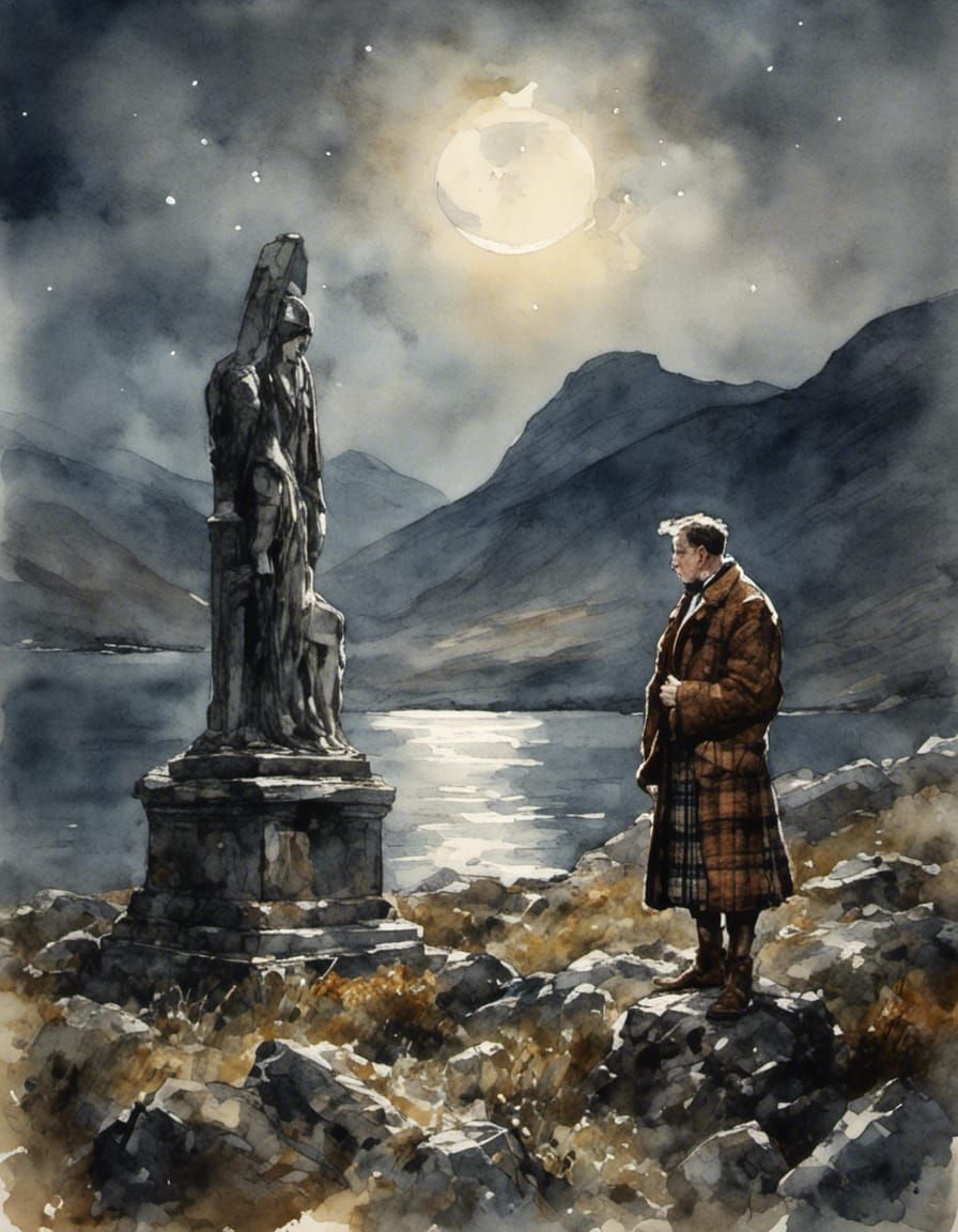 Scottish Man Mourns in Graveyard, Watercolour Style