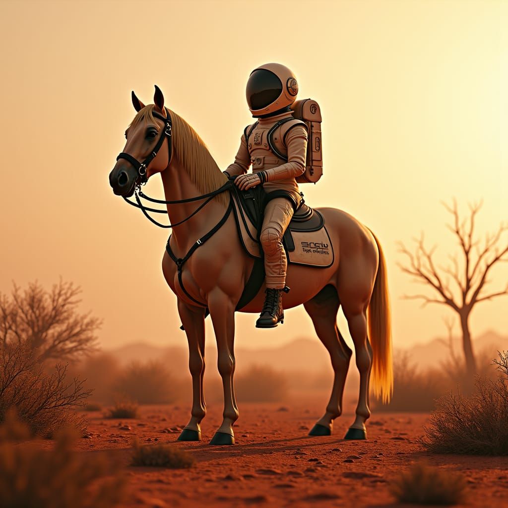 Horse in Spacesuit on Mars in Retro Sci-Fi Style