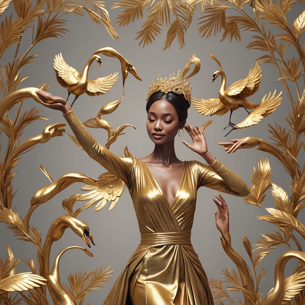 Animated Swan Woman in Golden Silk Dress