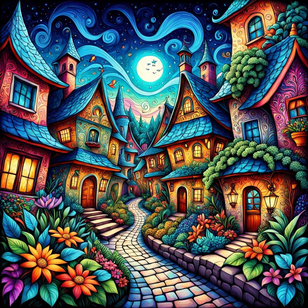 Vibrant Abstract Village with Fractal Patterns