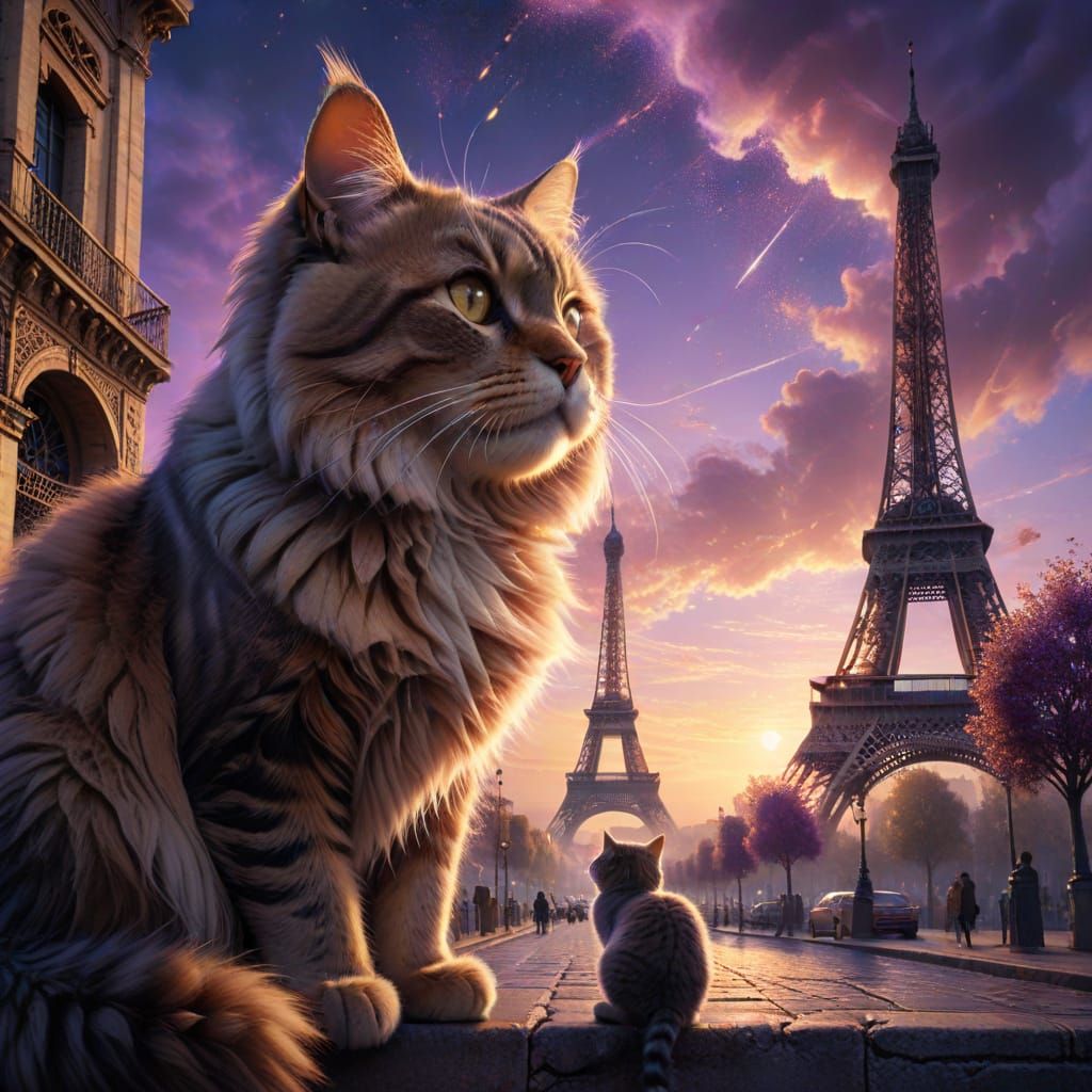 Giant Cat Hugs Eiffel Tower in Digital Art