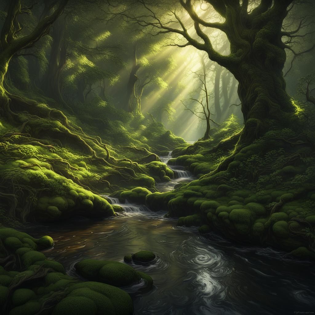 Mystical Forest Stream: Dark Fantasy Concept Art