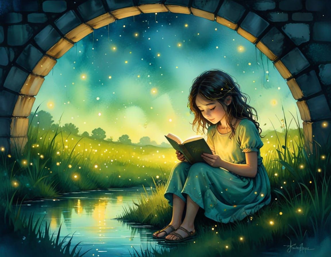 Whimsical Girl Reading by Fireflies: Fantasy Art