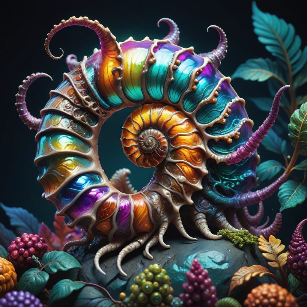 Iridescent Ammonite Berry Monster in Hyperrealistic Art
