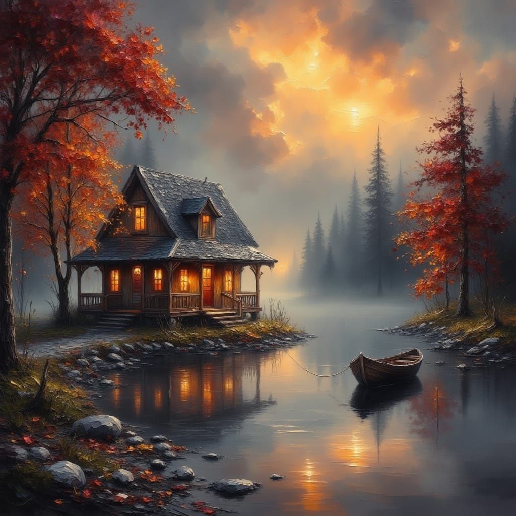 Rustic Cabin Scene in Warm Impasto Colors