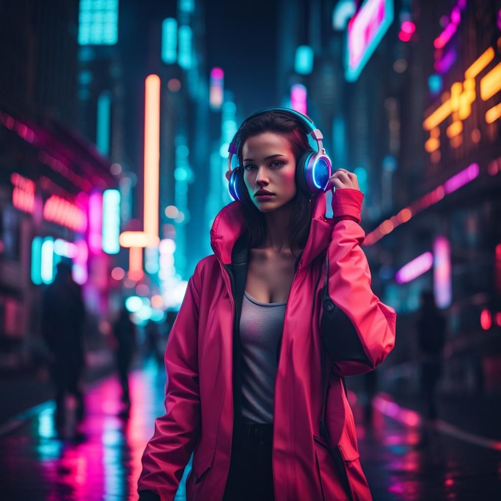 Cyberpunk Woman Walks Through Neon City