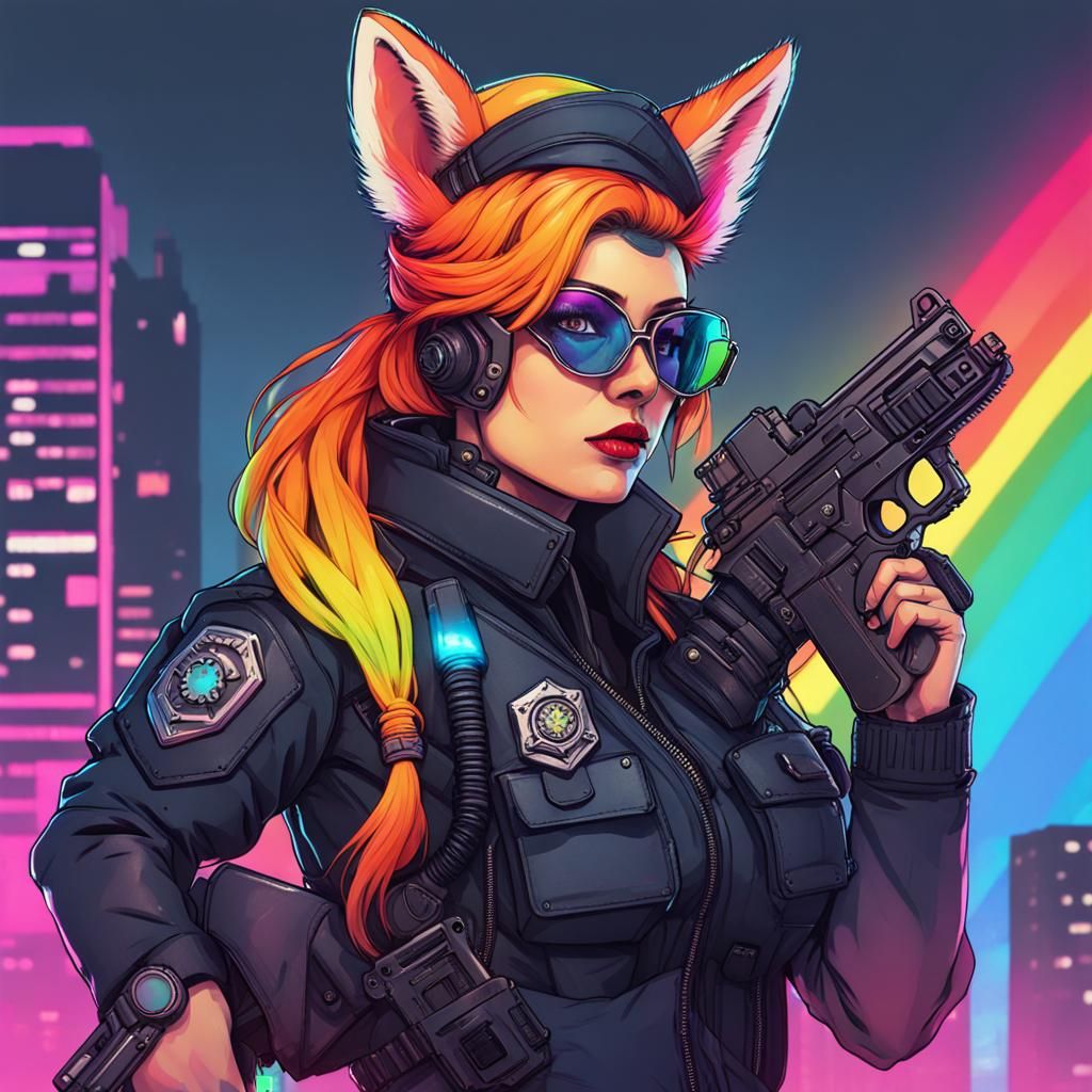 Cyberpunk Fox Officer with Rainbow Guns