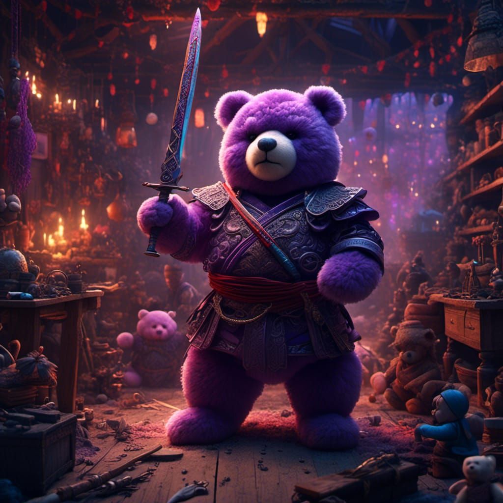 Purple Teddy Bear Samurai in Toy Workshop