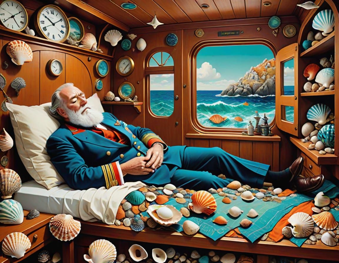 Whimsical Blind Sea Captain in a Seashell Paradise