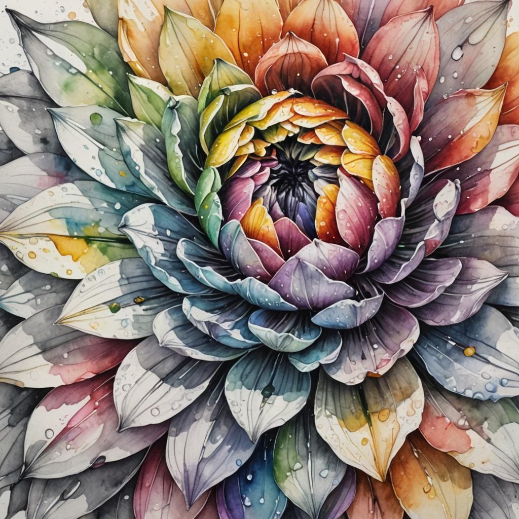 Rainbow Flower in Watercolor Texture, Close-Up Portrait