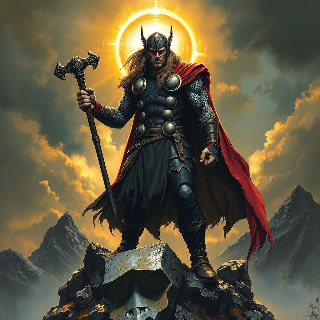 Brooding Thor on Stormy Peak as Dark Fantasy Art