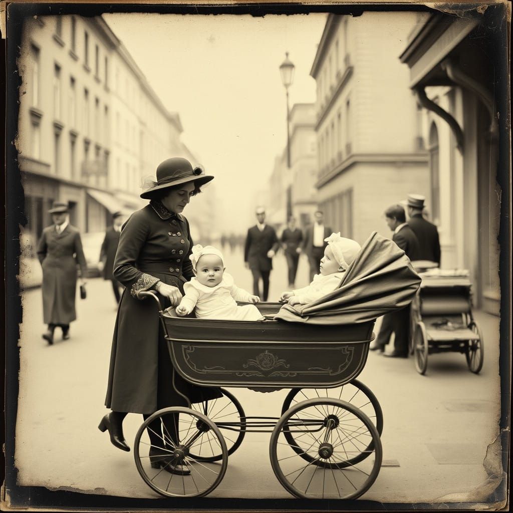 Victorian Era Mother and Children in Street Scene