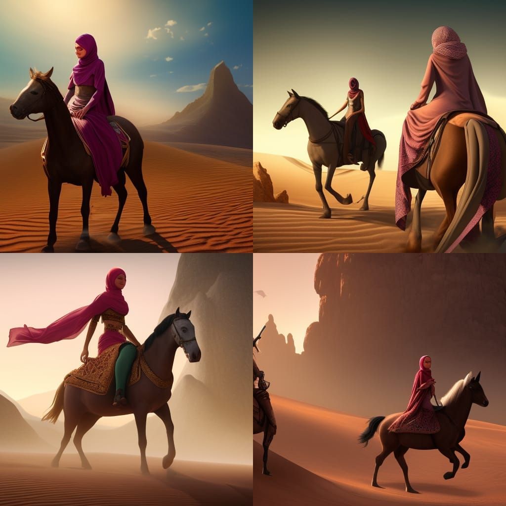 Girl in Hijab on Horseback in Desert Art