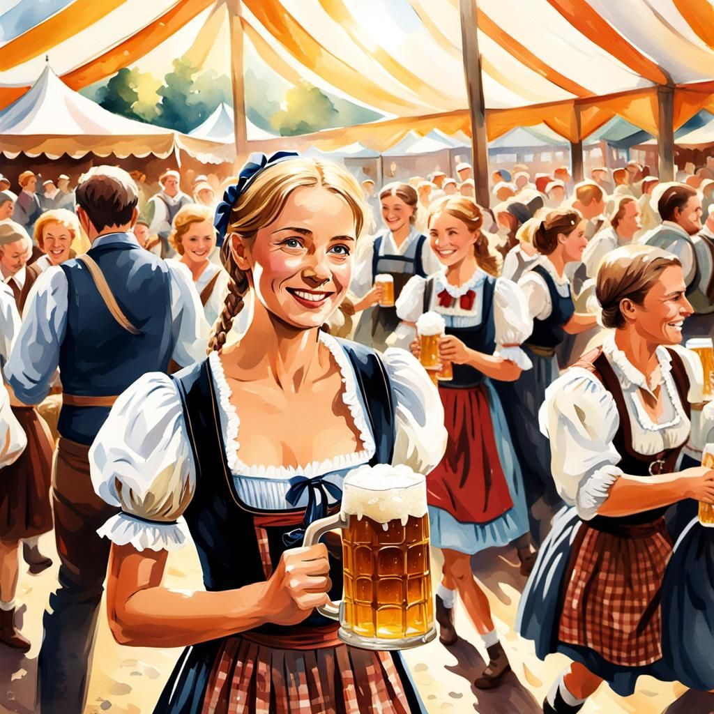 Oktoberfest Beer Garden Maid in Expressionist Watercolor