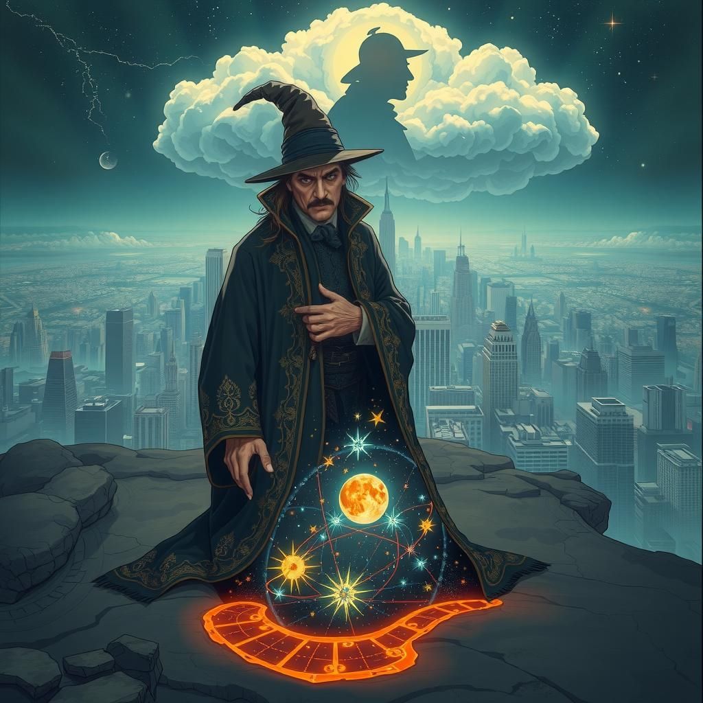 Astrologer Deciphers Cosmic Footprint in Cyberpunk Cityscape