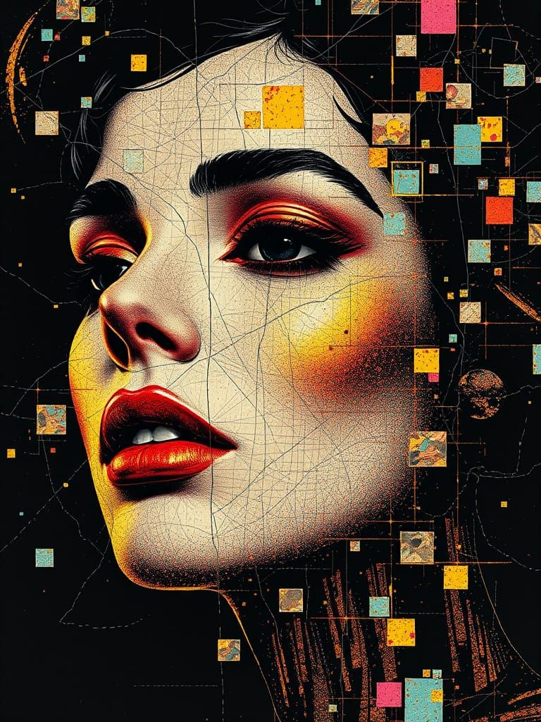 Metallic Woman's Face Dissolving in Pointillism Style