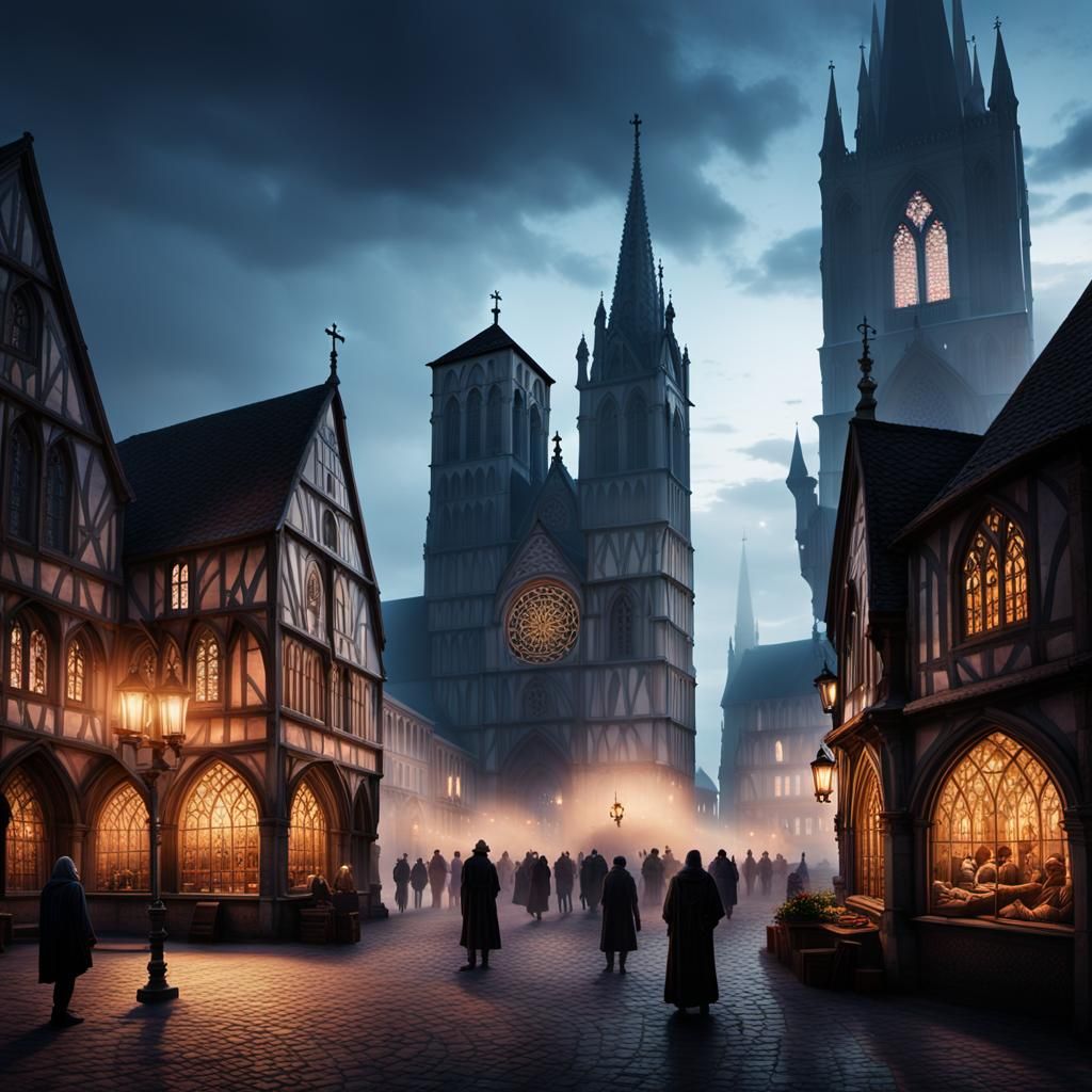 Mystical Medieval Town Square at Dusk in Romanticism Style