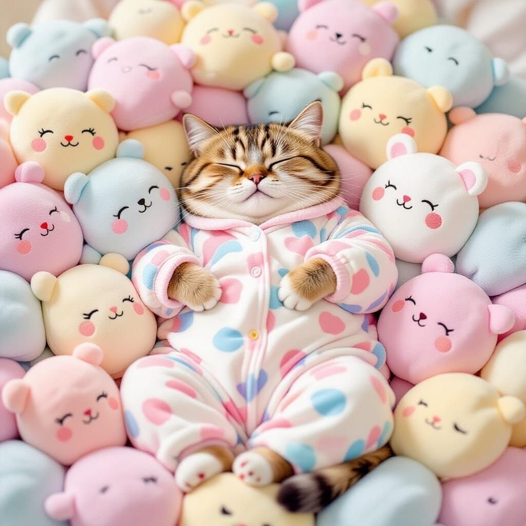 Pusheen Sleeping with Squishmallows in Pastel Pajamas